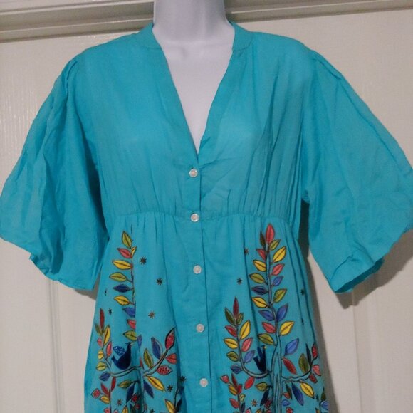 Anouk Grenwal Sangria Button Turquoise Tiered Pockets Birds Embroidery L  NWT - Picture 3 of 14